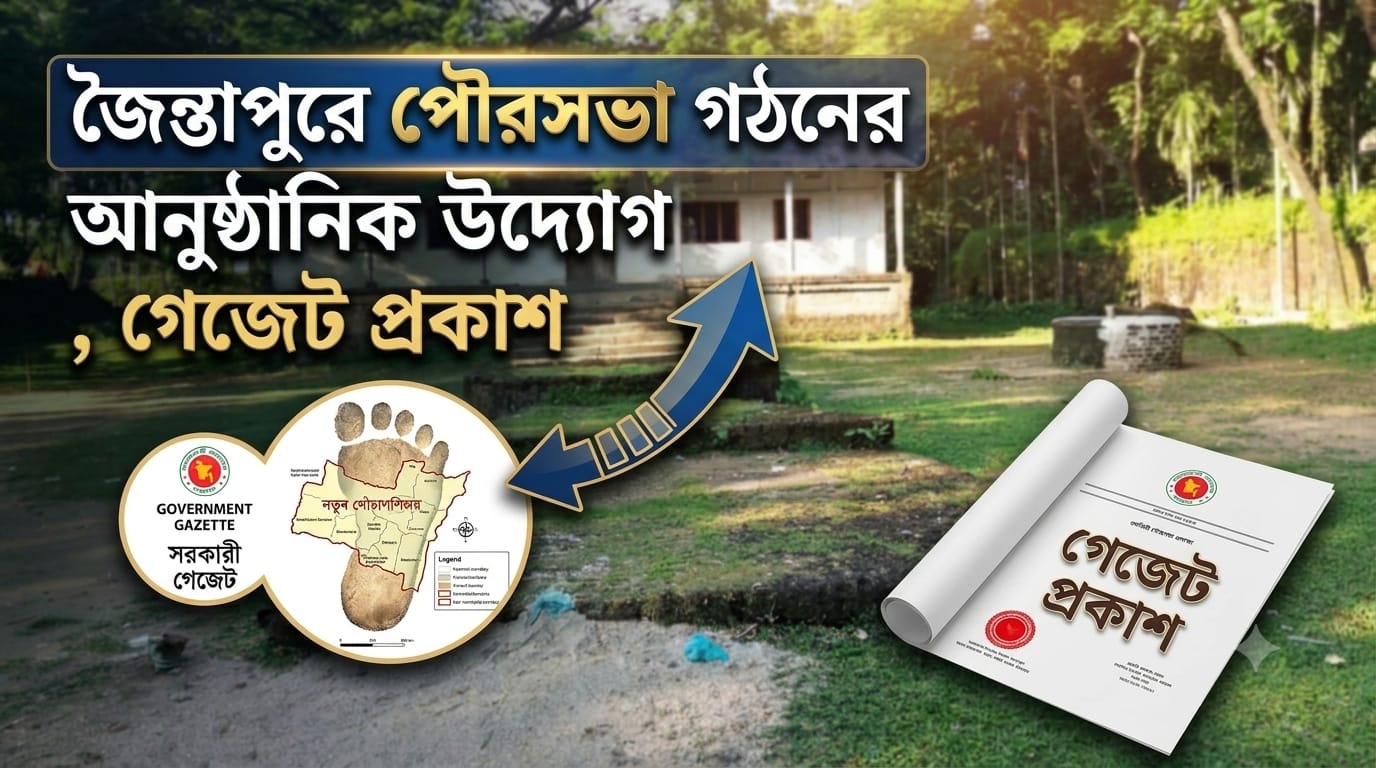পৌরসভা গঠনের ঐতিহাসিক গেজেট প্রকাশের মাধ্যমে সিলেটের জৈন্তাপুরবাসীর দীর্ঘদিনের লালিত স্বপ্নের চূড়ান্ত বাস্তবায়ন শুরু হয়েছে